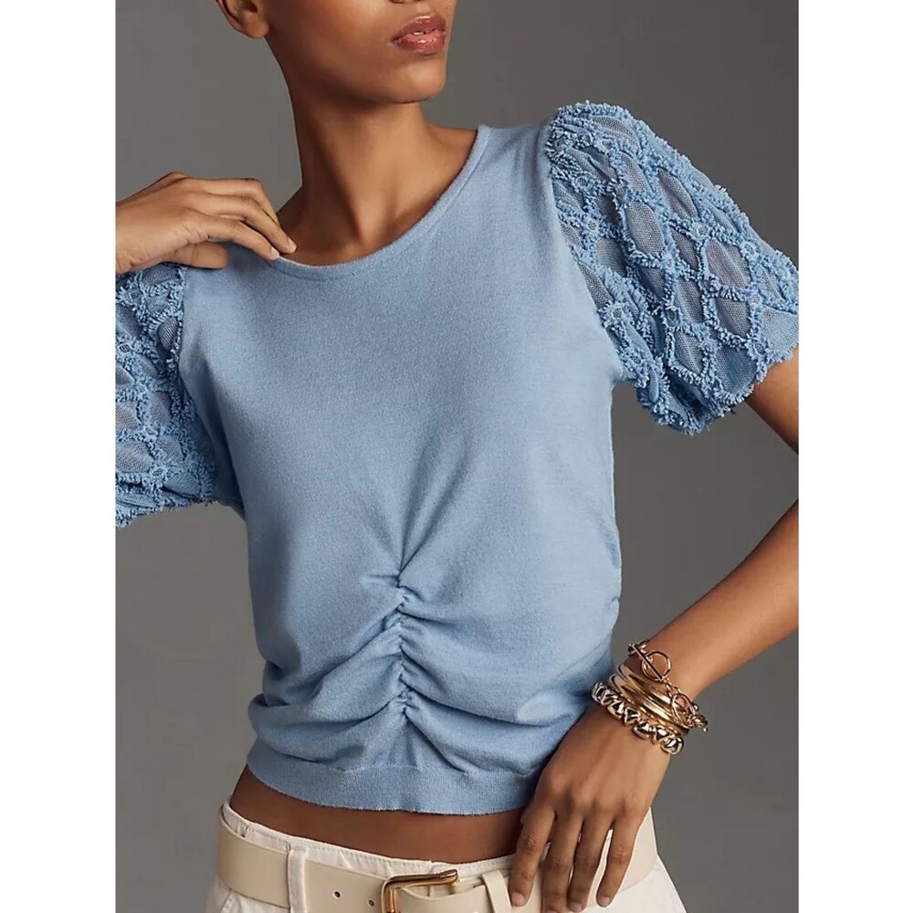 Anthropologie Ruched Short Sleeve Sweater Women’s Medium Blue Puff Sleeve